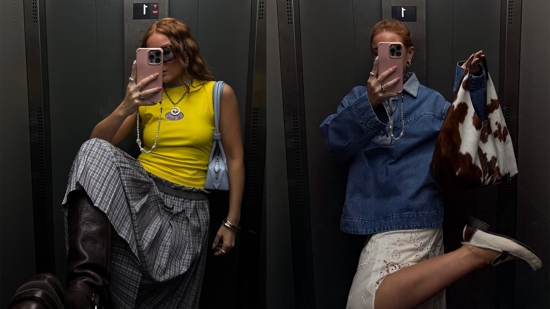 rebecca wears denim jacket and white skirt with callf hair handbag and shoes and rebecca wears yellow top and plaid skirt outfit while taking a mirror selfie