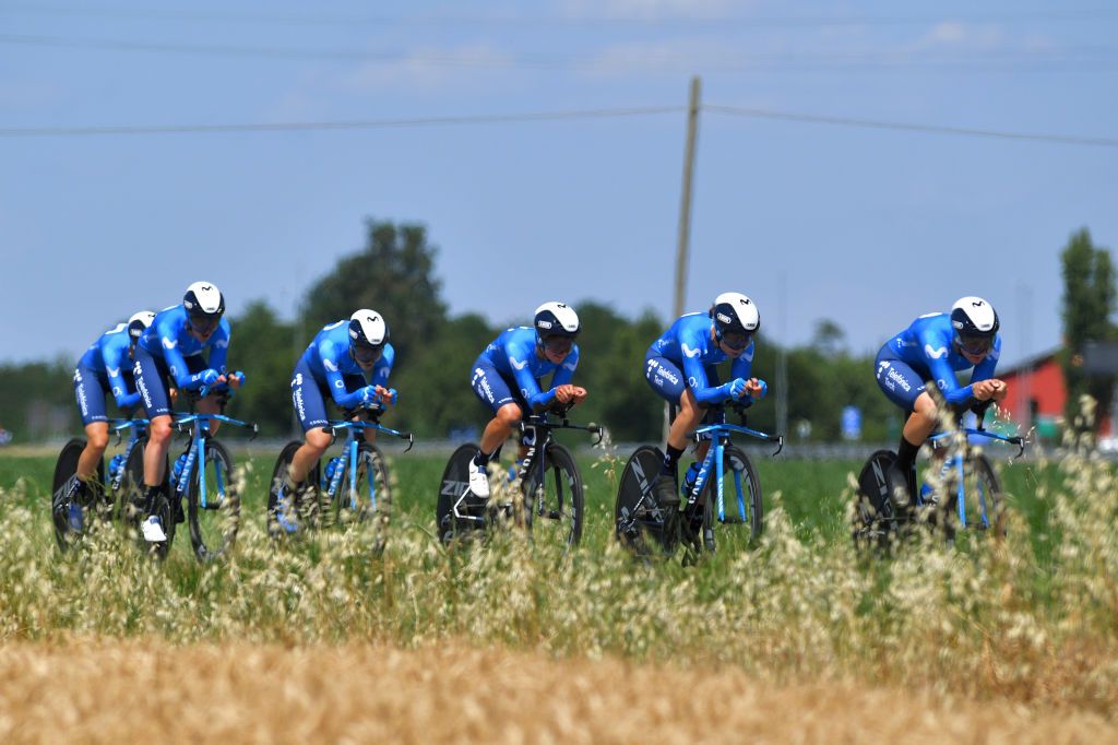 CUNEO ITALY JULY 02 Katrine Aalerud of Norway Aude Biannic of France Sheyla Gutierrez Ruiz of Spain Emma Norsgaard Jorgensen of Denmark Sara Martin Martin of Spain Leah Thomas of United States and Movistar Team during the 32nd Giro dItalia Internazionale Femminile 2021 Stage 1 a 267 Team Time Trial stage from Fossano to Cuneo 540m TTT GiroDonne UCIWWT on July 02 2021 in Cuneo Italy Photo by Luc ClaessenGetty Images