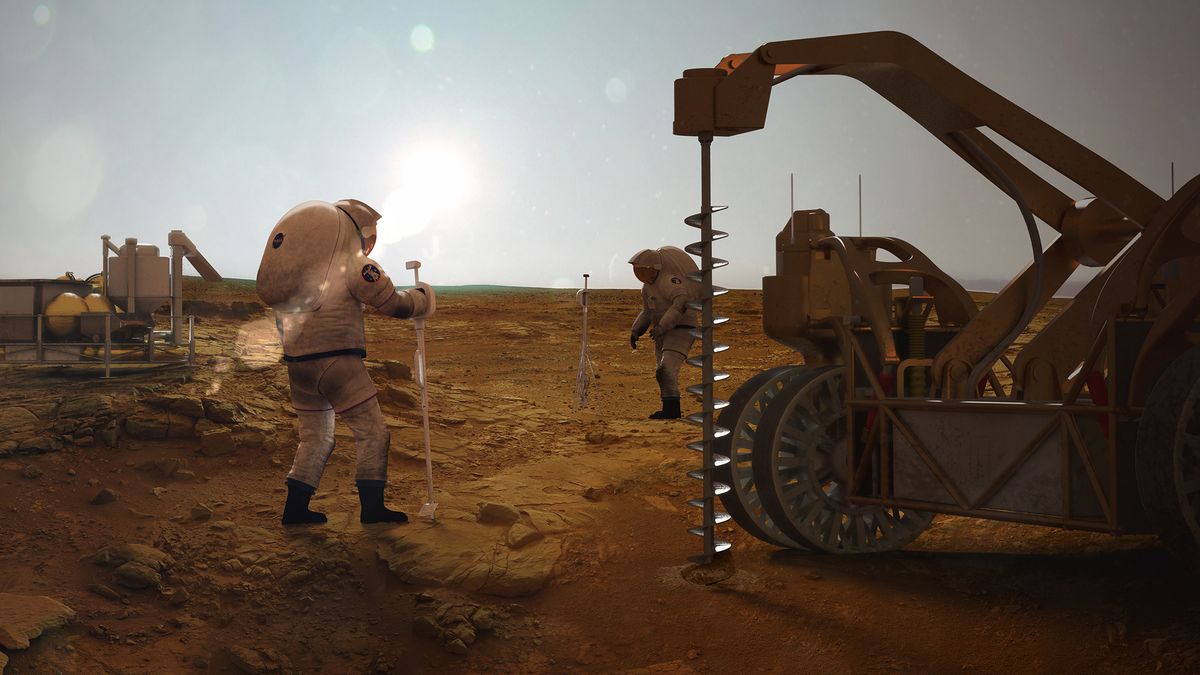 An artist&#039;s illustration of astronauts mining water on Mars.