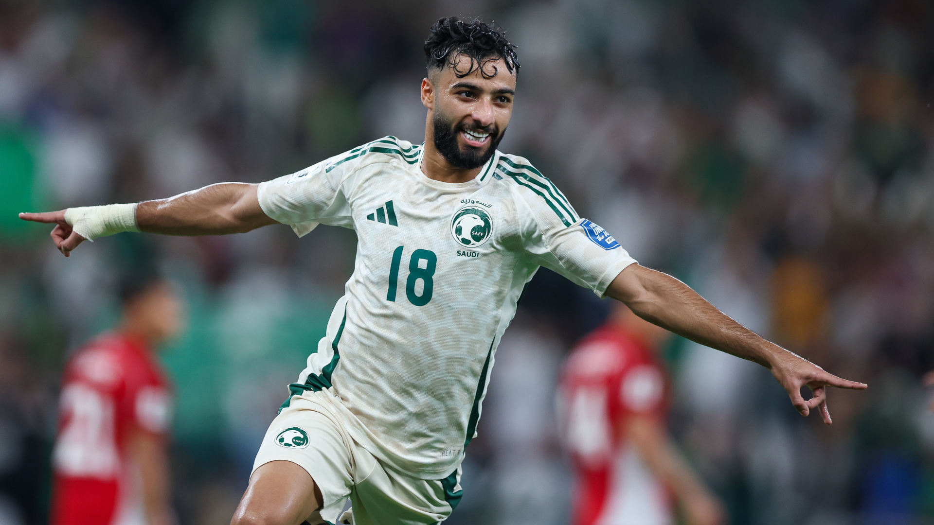 Saleh Aboulshamat of Saudi Arabia celebrates after scoring the 1st goal during the AFC Asian qualifiers 4th Round Group B match between Saudi Arabia and Indonesia at King Abdullah Sports City on October 8, 2025 in Jeddah, Saudi Arabia.