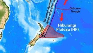 The undersea Hikurangi Plateau (outlined) has a greater area than the entire New Zealand mainland.