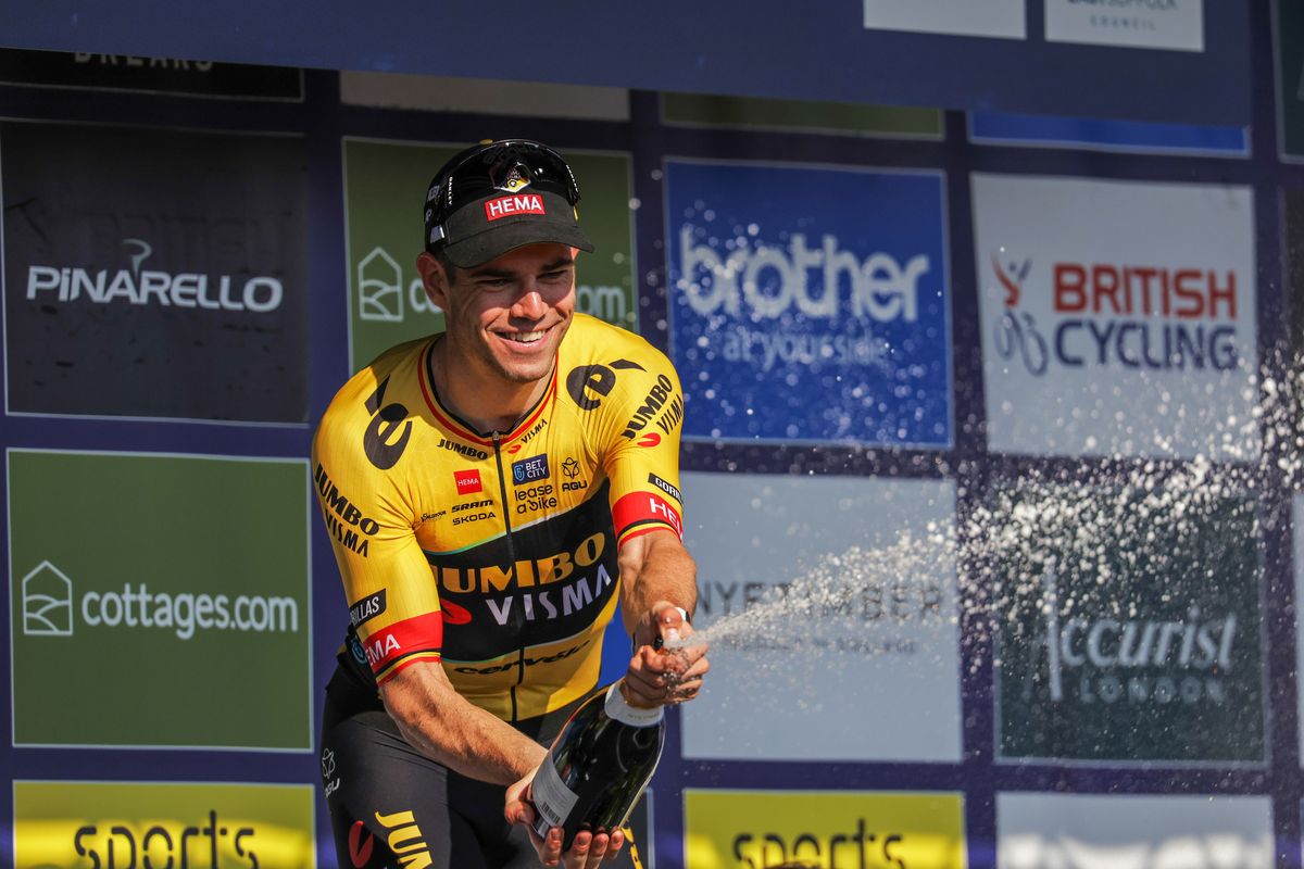 Picture by Alex Whitehead/SWpix.com - 07/09/2023 - Cycling - 2023 Tour of Britain - Stage 5: Felixstowe to Felixstowe (192.4km) - Wout van Aert of Team Jumbo Visma on the podium after taking the victory in stage Stage 5 of the 2023 Tour of Britain in Felixstowe
