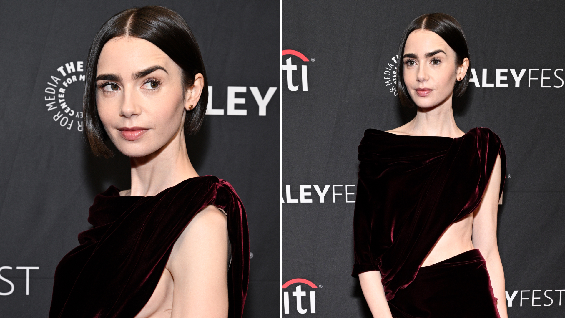 Emily in Paris star Lily Collins wears a Balenciaga cut-out dress with high-vamp heels