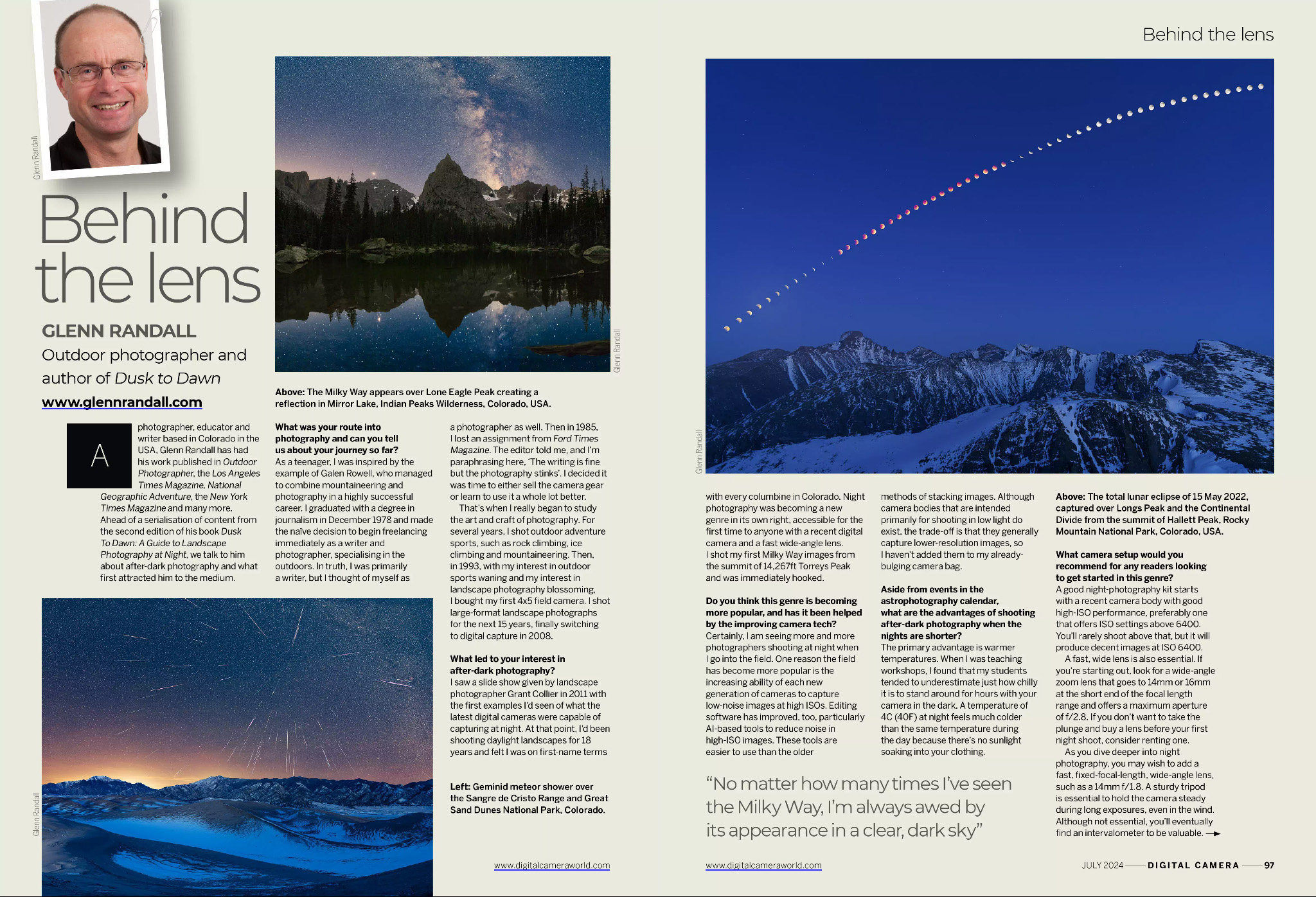 Opening two pages of an interview with outdoor photographer Glenn Randall, discussing his book Dusk to Dawn, in the July 2024 issue of Digital Camera magazine