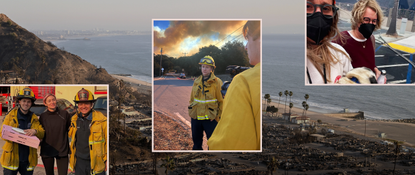 A photo collage of photos featuring women featured in the article who worked on the frontline of the LA fire zones. Background photo shows the fire-damaged neighborhoods of Palisades, California.