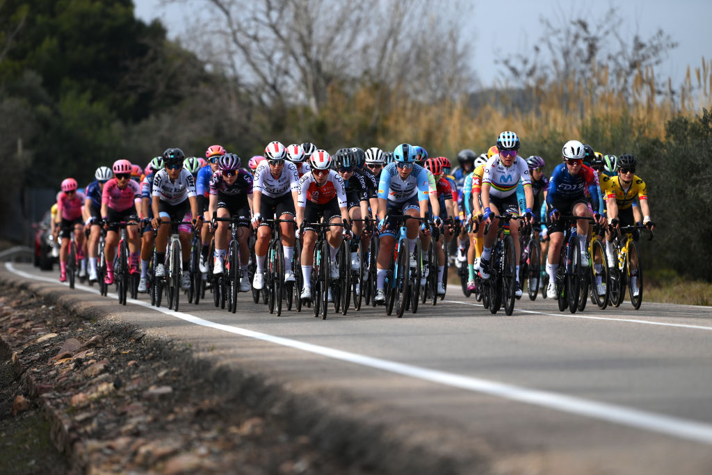 SAGUNT SPAIN FEBRUARY 16 LR Josie Talbot of Australia Morgane Coston of France and Cofidis Women Team Lisa Klein of Germany and Team Trek Segafredo Annemiek Van Vleuten of The Netherlands and Movistar Team and Emilia Fahlin of Sweden and Team FDJ SUEZ lead the peloton during the 7th Setmana Ciclista Volta Comunitat Valenciana Femines 2023 Stage 1 a 119km stage from Valencia to Sagunt on February 16 2023 in Sagunt Spain Photo by Alex BroadwayGetty Images