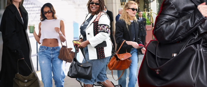 a collage of women at fashion week, lori harvey, sarah pidgeon, and models carrying the balenciaga rodeo bag