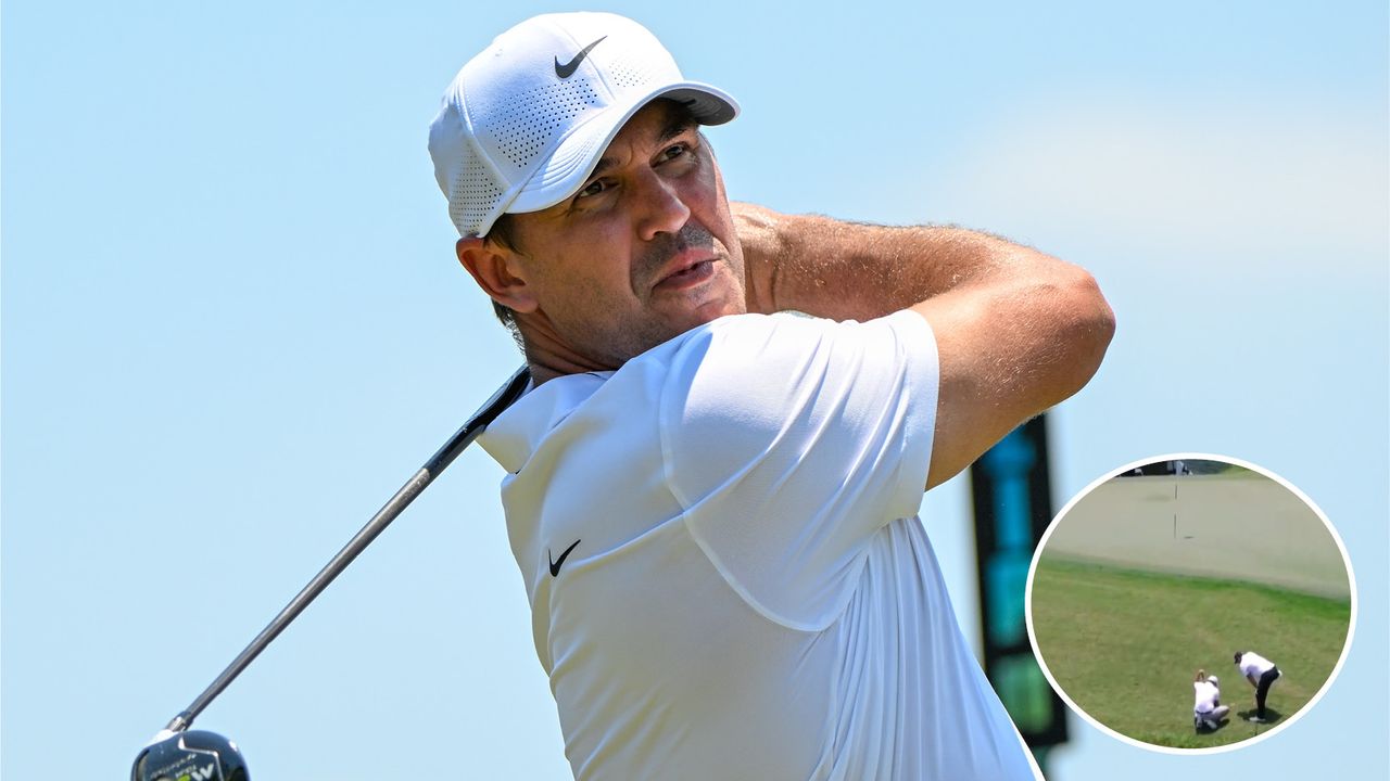 Brooks Koepka hits a tee shot with a driver