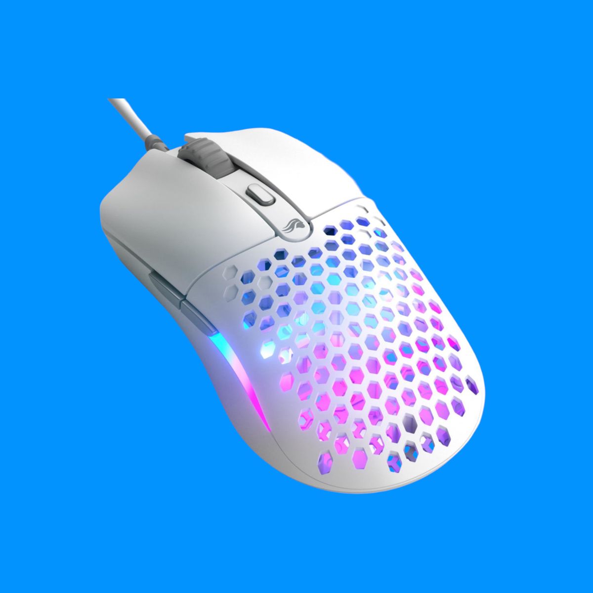 An image of the Glorious Model O Eternal wired gaming mouse against a blue background.