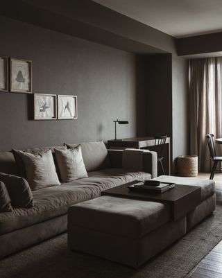 A cozy living room in a dark mushroom tone