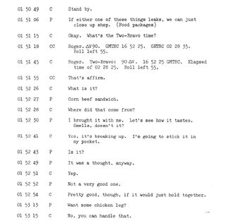 transcript of Gemini 3 mission between Gus Grissom and John Young about the smuggled corned beef sandwich.
