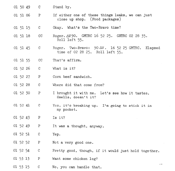 Une version de la mission Gemini 3 entre Gus Grissom et John Young à propos d'un sandwich au bœuf de contrebande.