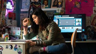 Kamala Khan sits in her room doing homework in The Marvels