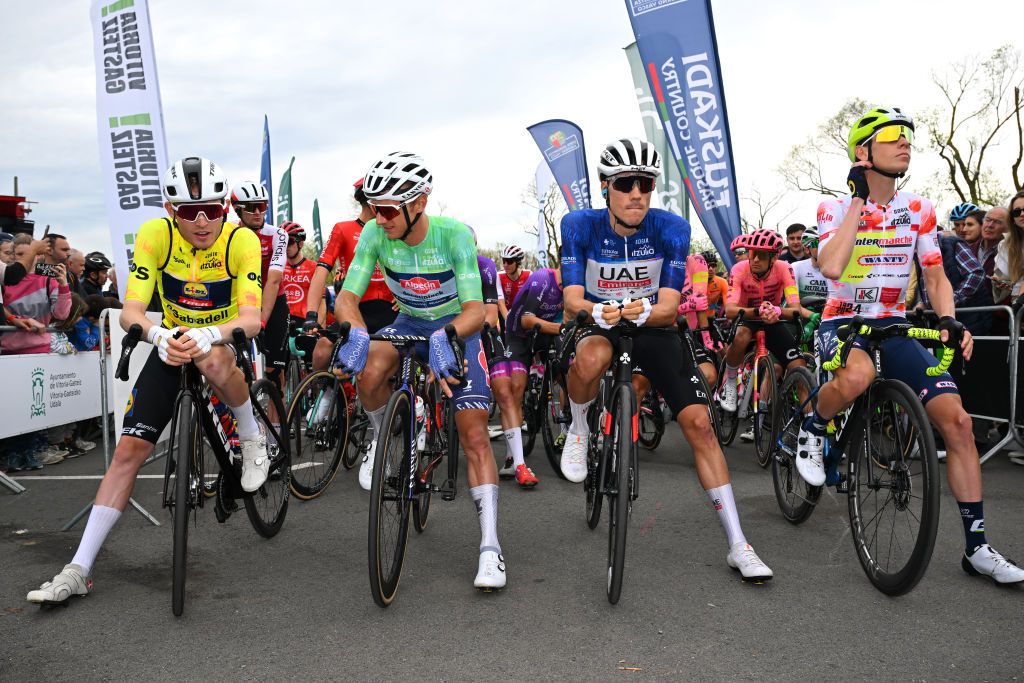 VITORIA SPAIN APRIL 05 LR Mattias Skjelmose of Denmark and Team Lidl Trek Yellow Leader Jersey Quinten Hermans of Belgium and Team Alpecin Deceuninck Green Points Jersey Juan Ayuso of Spain and UAE Team Emirates Blue Best Young Rider Jersey and Louis Meintjes of South Africa and Team Intermarche Wanty Polka Dot Mountain Jersey prior to the 63rd Itzulia Basque Country 2024 Stage 5 a 1759km stage from VitoriaGasteiz to AmorebietaEtxano UCIWT on April 05 2024 in Vitoria Spain Photo by Tim de WaeleGetty Images
