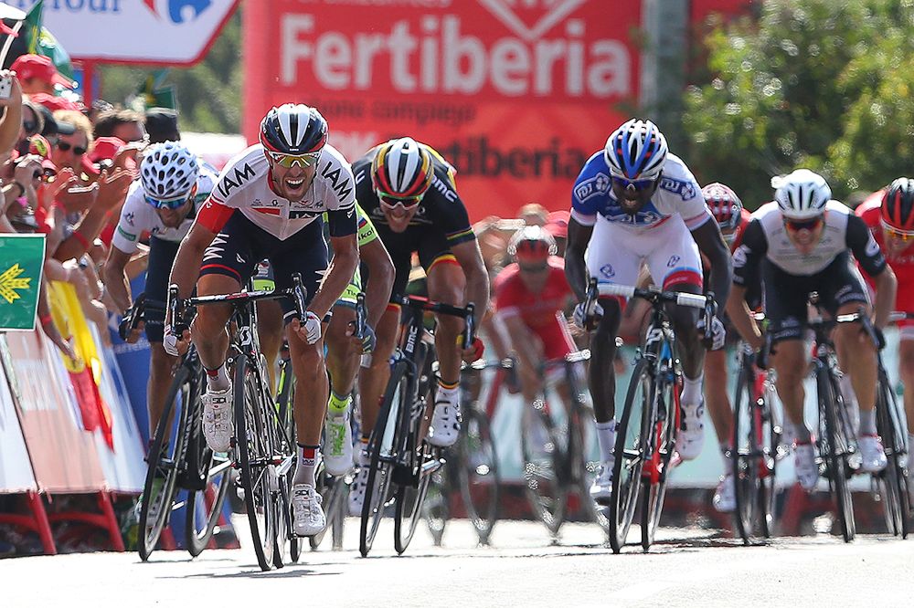 Riders approach the finish line of stage 7 at the Vuelta