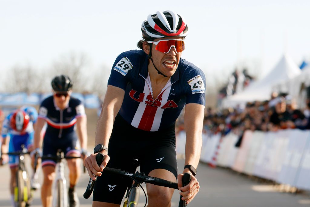 FAYETTEVILLE ARKANSAS JANUARY 30 Curtis White of The United States reacts after cross the finishing line during the 73rd UCI CycloCross World Championships Fayetteville 2022 Mens Elite Fayetteville2022 on January 30 2022 in Fayetteville Arkansas Photo by Chris GraythenGetty Images
