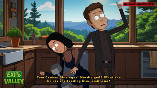 Cartoon renderings of Tom Cruise and Kim Kardashian jabber in an AI-generated scene.