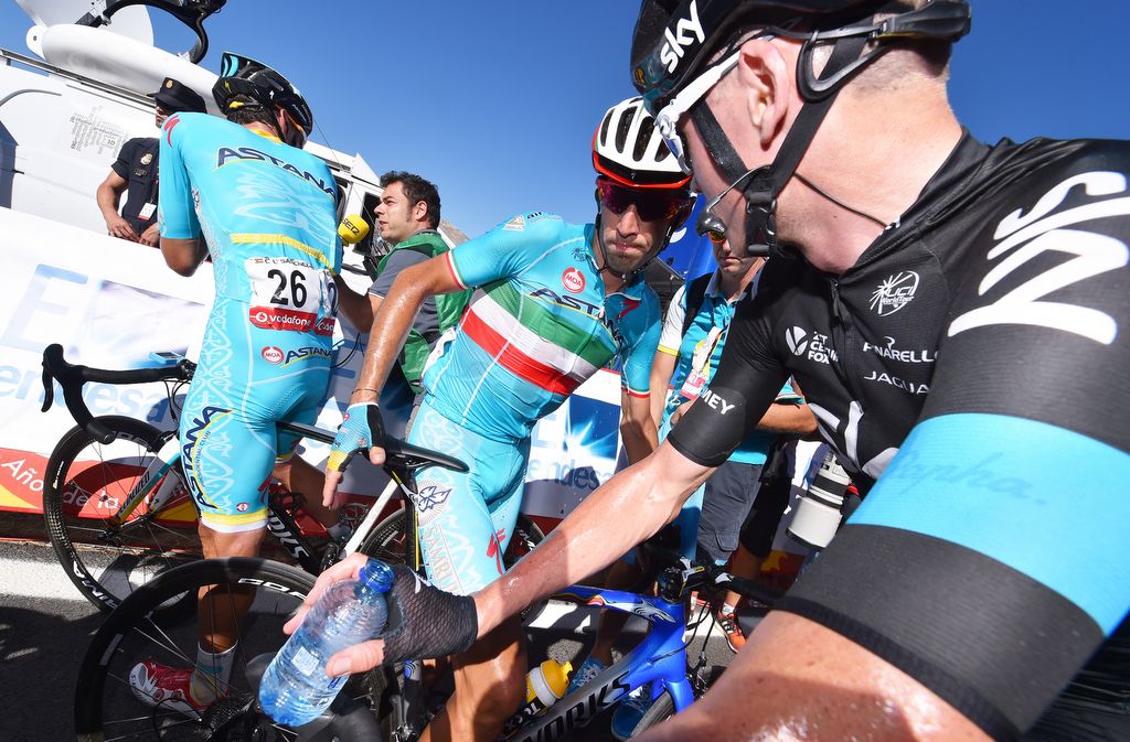 Vincenzo Nibali is surrounded by other riders at the finish line