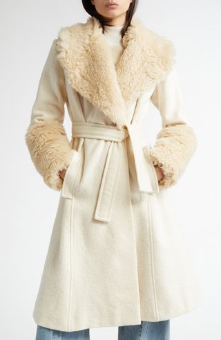 Wool Blend Wrap Coat With Faux Fur Trim