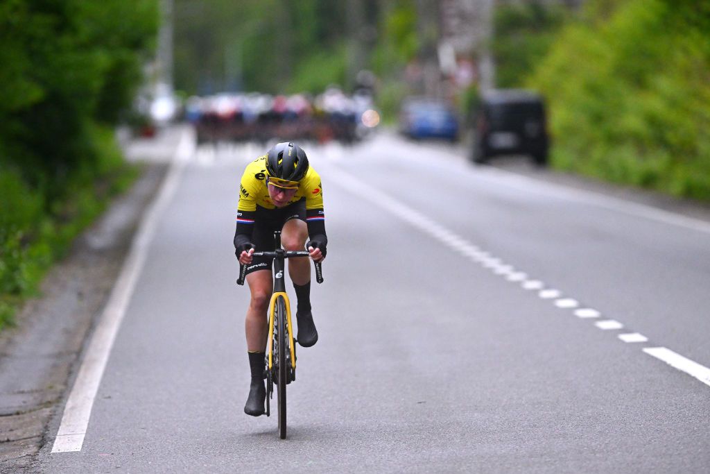 HUY BELGIUM APRIL 17 Riejanne Markus of The Netherlands and Team Visma Lease a Bike attacks during the 27th La Fleche Wallonne Feminine 2024 a 146km one day race from Huy to Huy UCIWWT on April 17 2024 in Huy Belgium Photo by Luc ClaessenGetty Images