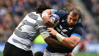 Scotland&#039;s Pierre Schoeman is tackled by Fiji&#039;s Waisea Nayacalevu during the sides&#039; November 2022 autumn international.