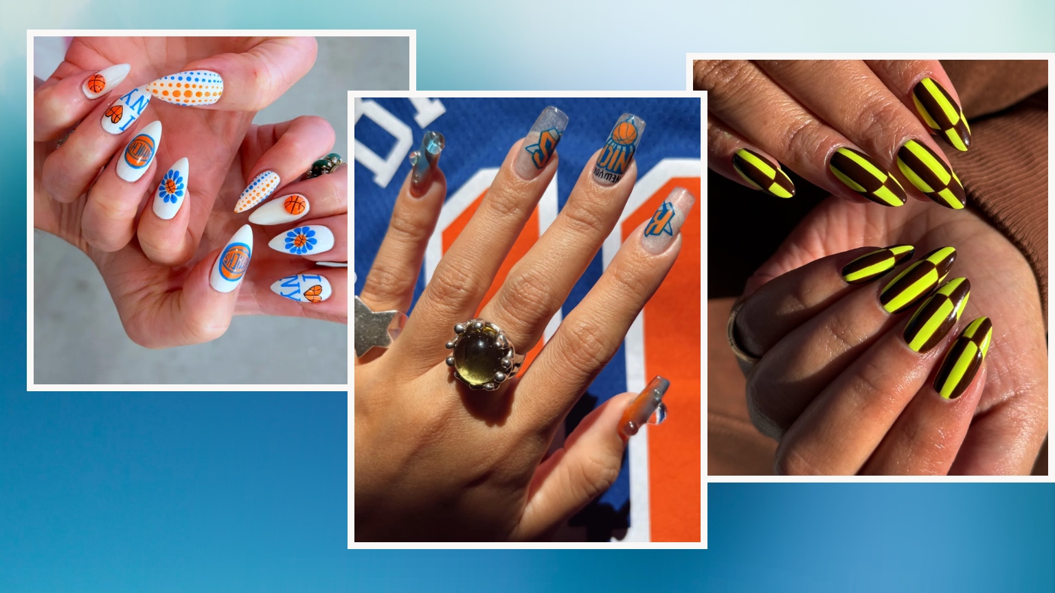 three hands close up with manicure designs; the first two have New York Knicks blue and orange details; the third is brown and lime green