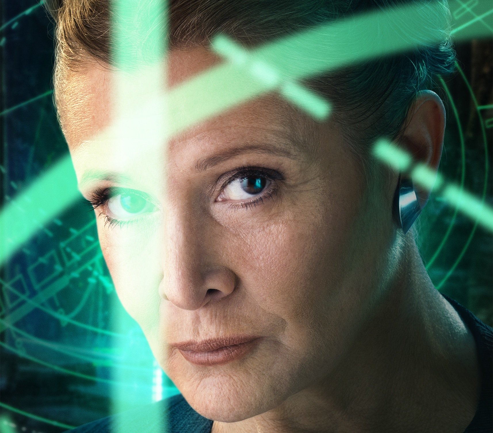 Leia&#039;s head is surrounded by green streaks