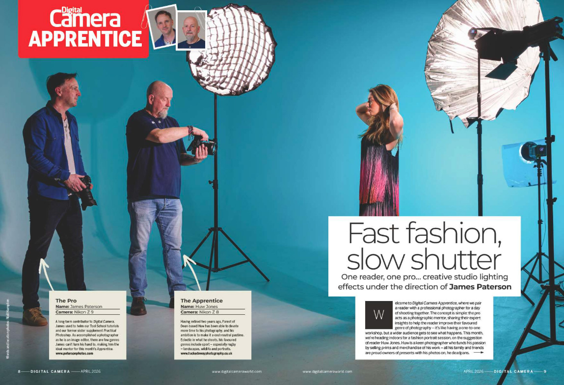 Image showing the first two pages of the Apprentice article in issue 305 (April 2026) of Digital Camera magazine, where a keen reader learns how to create studio portraits with a sense of motion, in the hands of pro photographer James Paterson