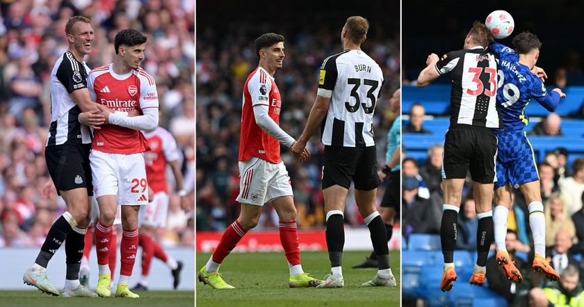 Dan Burn of Newcastle United puts his arm around Kai Havertz of Arsenal during the Premier League match between Arsenal FC and Newcastle United FC at Emirates Stadium on May 18, 2025 in London, England. Kai Havertz of Arsenal chats to Dan Burn of Newcastle during the Premier League match between Arsenal FC and Newcastle United FC at Emirates Stadium on May 18, 2025 in London, England. Newcastle United&#039;s English defender Dan Burn (L) vies in the air with Chelsea&#039;s German midfielder Kai Havertz during the English Premier League football match between Chelsea and Newcastle United at Stamford Bridge in London on March 13, 2022.