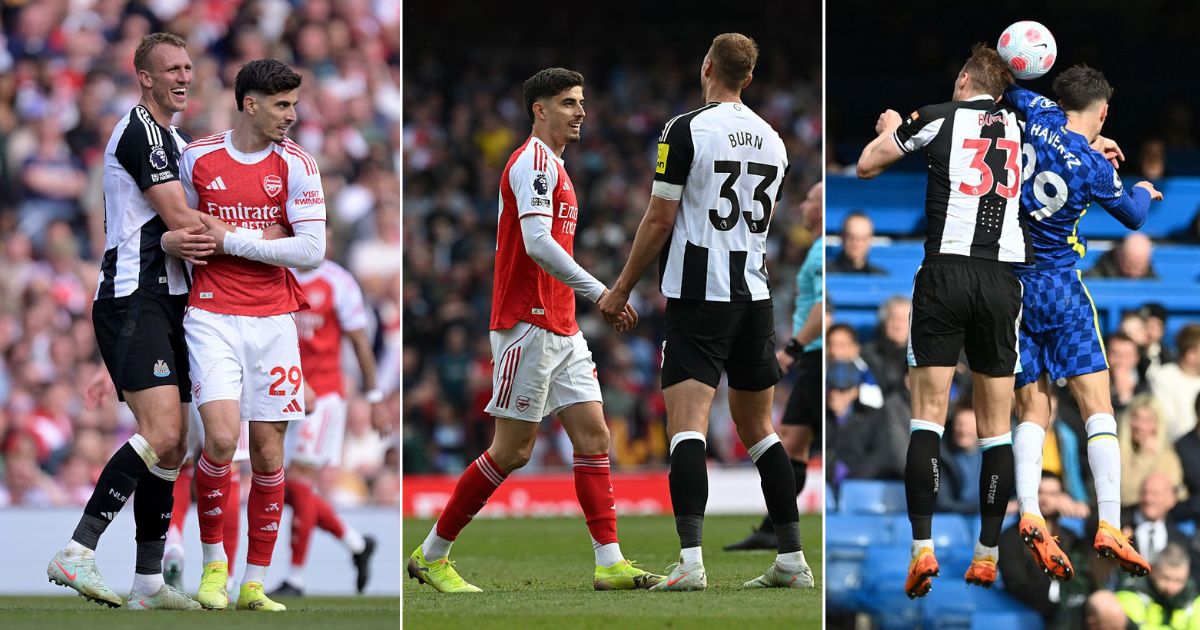 Dan Burn of Newcastle United puts his arm around Kai Havertz of Arsenal during the Premier League match between Arsenal FC and Newcastle United FC at Emirates Stadium on May 18, 2025 in London, England. Kai Havertz of Arsenal chats to Dan Burn of Newcastle during the Premier League match between Arsenal FC and Newcastle United FC at Emirates Stadium on May 18, 2025 in London, England. Newcastle United&#039;s English defender Dan Burn (L) vies in the air with Chelsea&#039;s German midfielder Kai Havertz during the English Premier League football match between Chelsea and Newcastle United at Stamford Bridge in London on March 13, 2022.