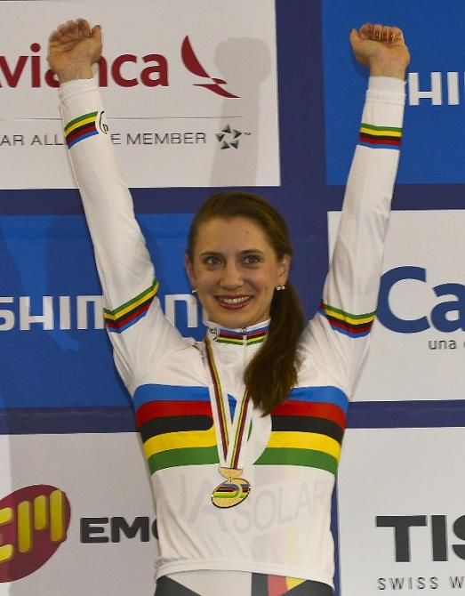 Germany's Miriam Welte celebrate her gold medal during medal ceremony at the Women's 500m time trial race