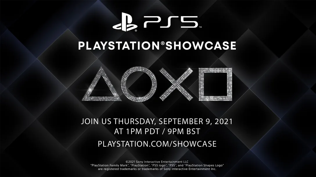 The PS5 Showcase announcement with the PlayStation symbols made up of diamonds on a black background.