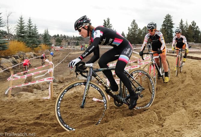 Julie Krasniak (Rapha Focus) leading the Optum women through the sand
