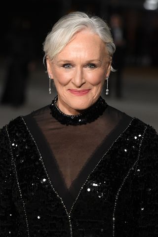 Glenn Close is pictured with grey hair whilst arriving at the 2nd Annual Academy Museum Gala at Academy Museum of Motion Pictures on October 15, 2022 in Los Angeles, California.