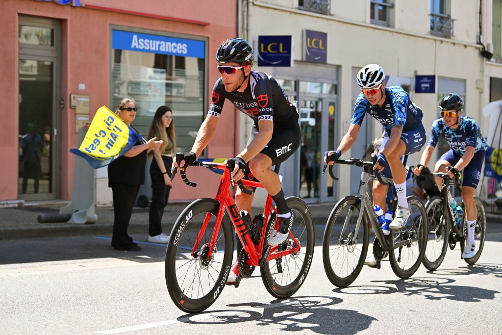 LAPLAINETONIQUE FRANCE JULY 31 LR Alos Charrin of France and Tudor Pro Cycling Team and Julian Lino of France and Team Nice Mtropole Cte dAzur compete in the breakaway during the 35th Tour de lAin 2023 Stage 1 a 154km stage from Loyettes to La Plaine Tonique on July 31 2023 in La Plaine Tonique France Photo by Luc ClaessenGetty Images