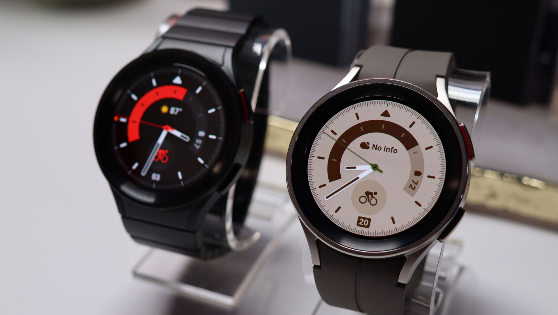 Two Samsung Galaxy Watch 5 Pros placed side by side