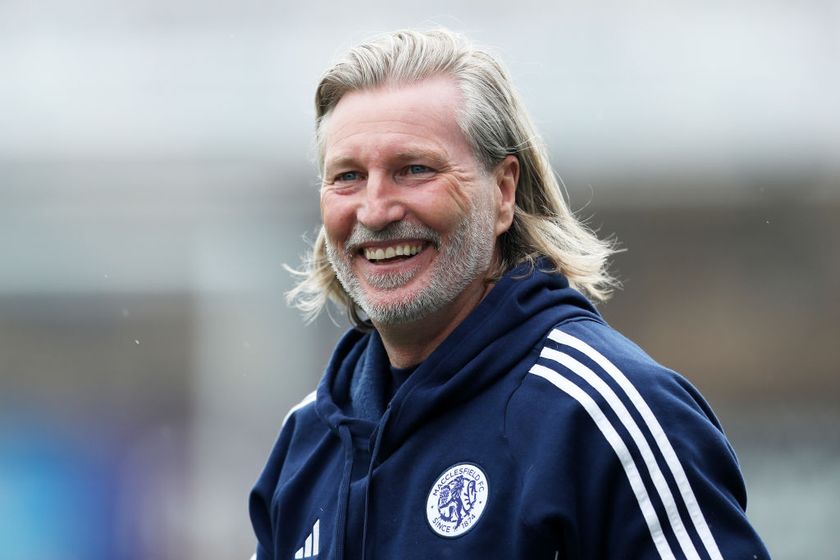 MACCLESFIELD, ENGLAND - JULY 13: Robbie Savage, Manager of Macclesfield reacts prior to the Pre-Season Friendly match between Macclesfield and Blackburn Rovers XI at Leasing.com Stadium on July 13, 2024 in Macclesfield, England. (Photo by Charlotte Tattersall/Getty Images)