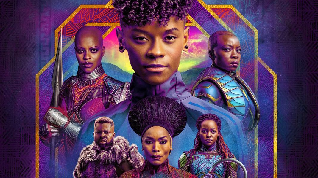 The poster for Black Panther: Wakanda Forever featuring (clockwise) Letitia Wright as Shuri, Danai Gurira as Okoye, Lupita Nyong&#039;o as Nakia, Angela Bassett as Ramonda, Winston Duke as M&#039;Baku and Florence Kasumba as Ayo