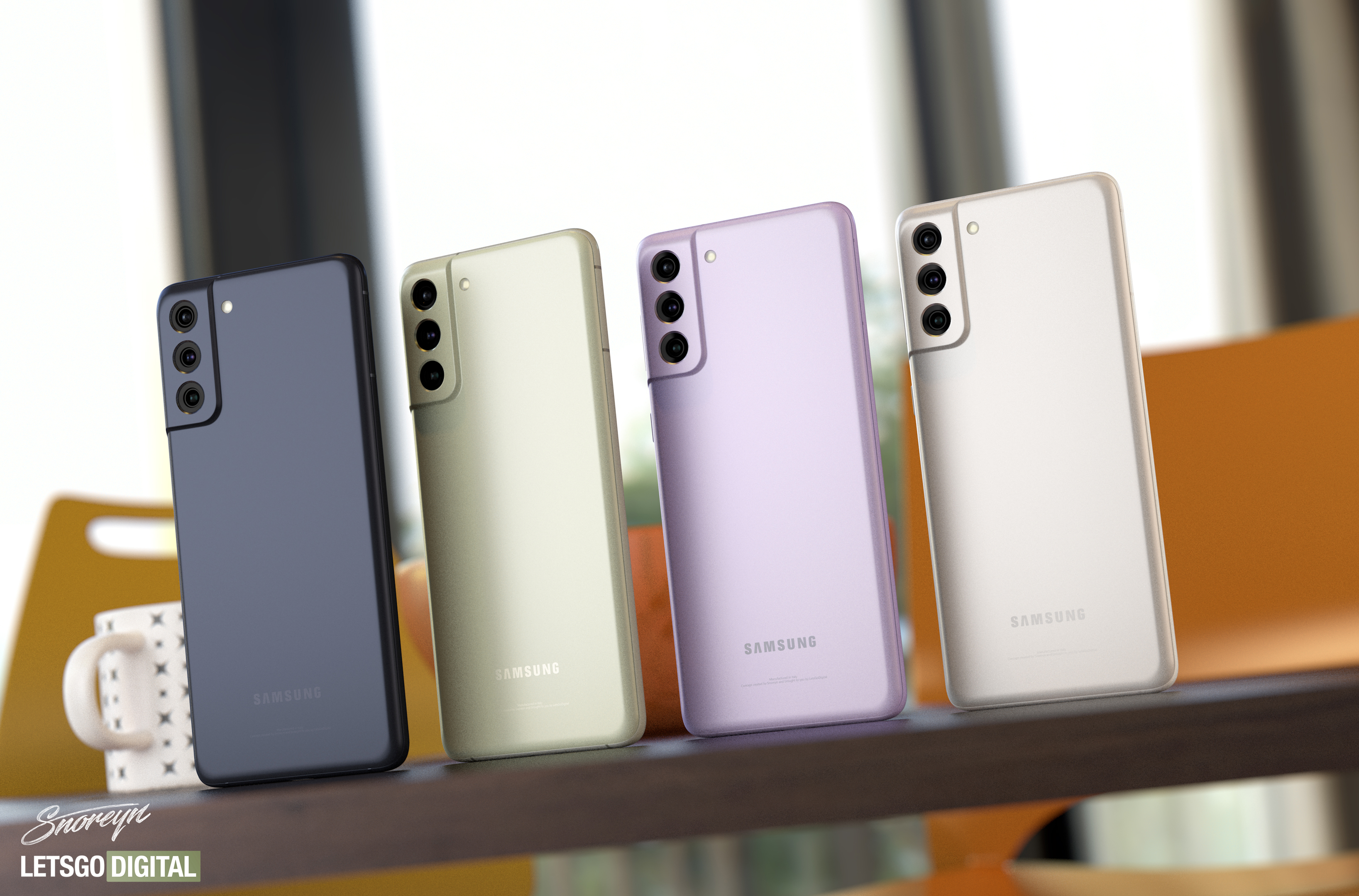 An unofficial render of four Samsung Galaxy S21 FE devices in the four available colors: black, light green, light purple and grey