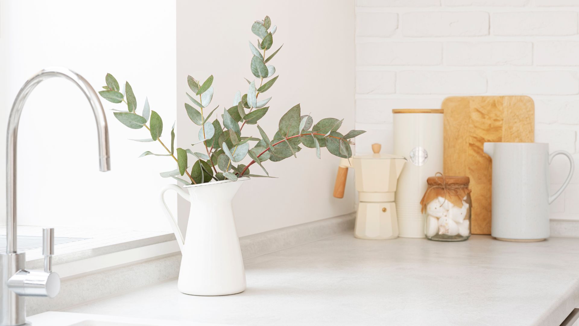 eucalyptus branches in decorative jug in kitchen