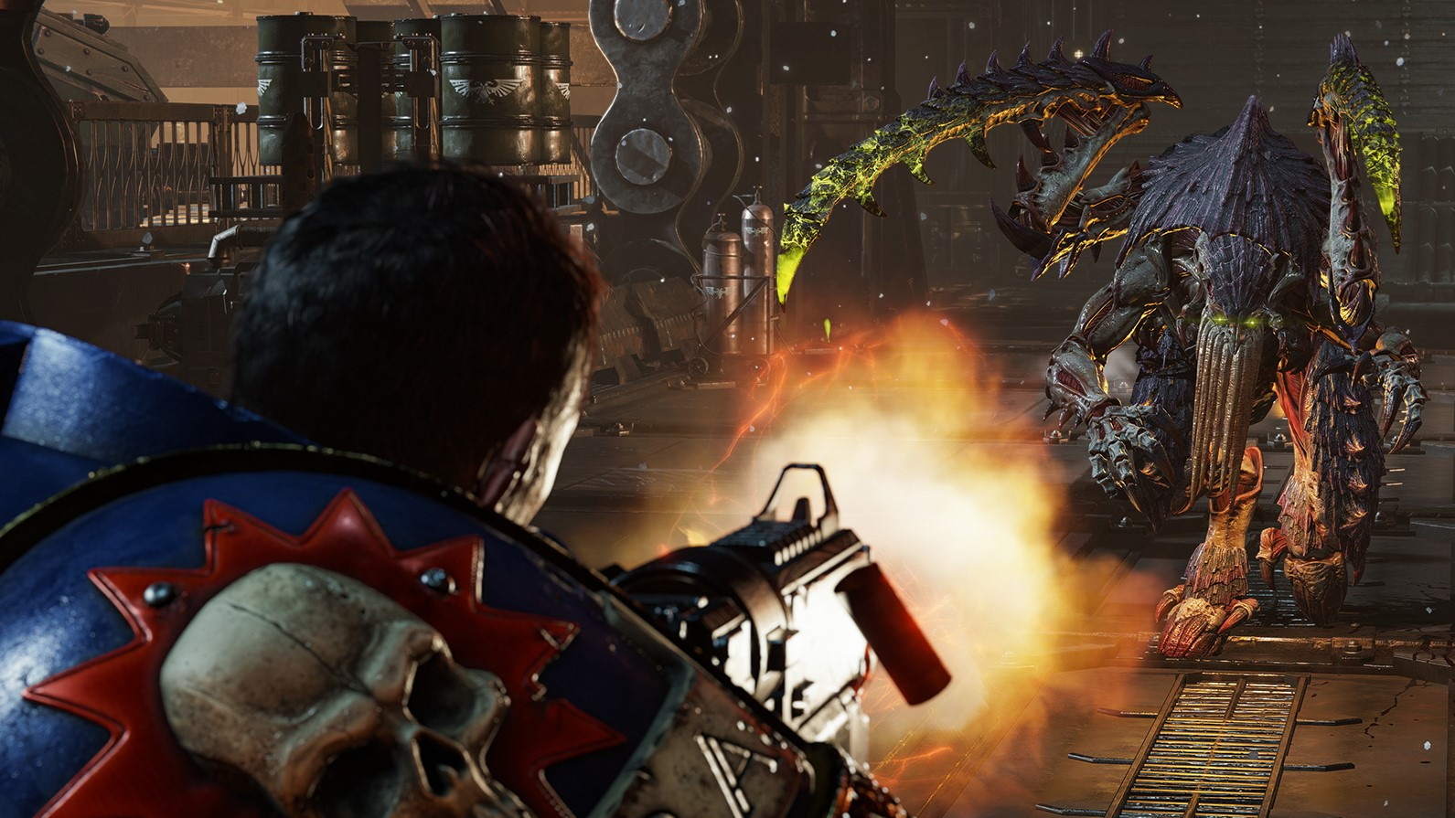 Screenshot from Warhammer 40,000 Space Marine 2 showing an Ultramarine battling a Tyranid warrior