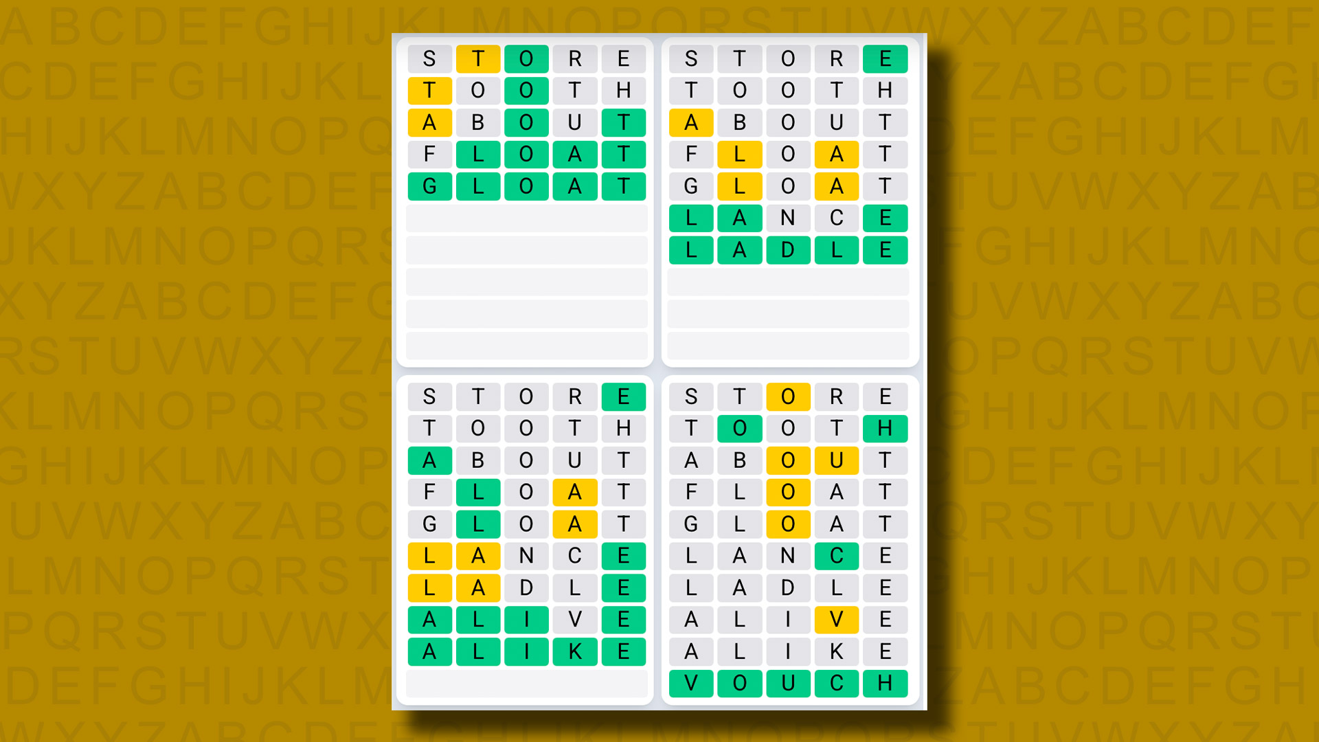 Quordle Daily Sequence answers for game 1224 on a yellow background