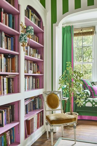 library with pink bookcase