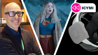 Lance Ulanoff wearing smart glasses next to Supergirl and new Pebble smart rings.