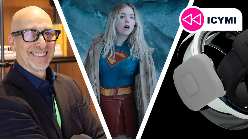 Lance Ulanoff wearing smart glasses next to Supergirl and new Pebble smart rings.