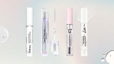 Lineup of the best clear mascaras from (L-R) The Ordinary, Physicians Formula, 17. and No7, on a pastel watercolour background with clear mascara formula swatches