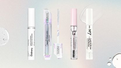 Lineup of the best clear mascaras from (L-R) The Ordinary, Physicians Formula, 17. and No7, on a pastel watercolour background with clear mascara formula swatches