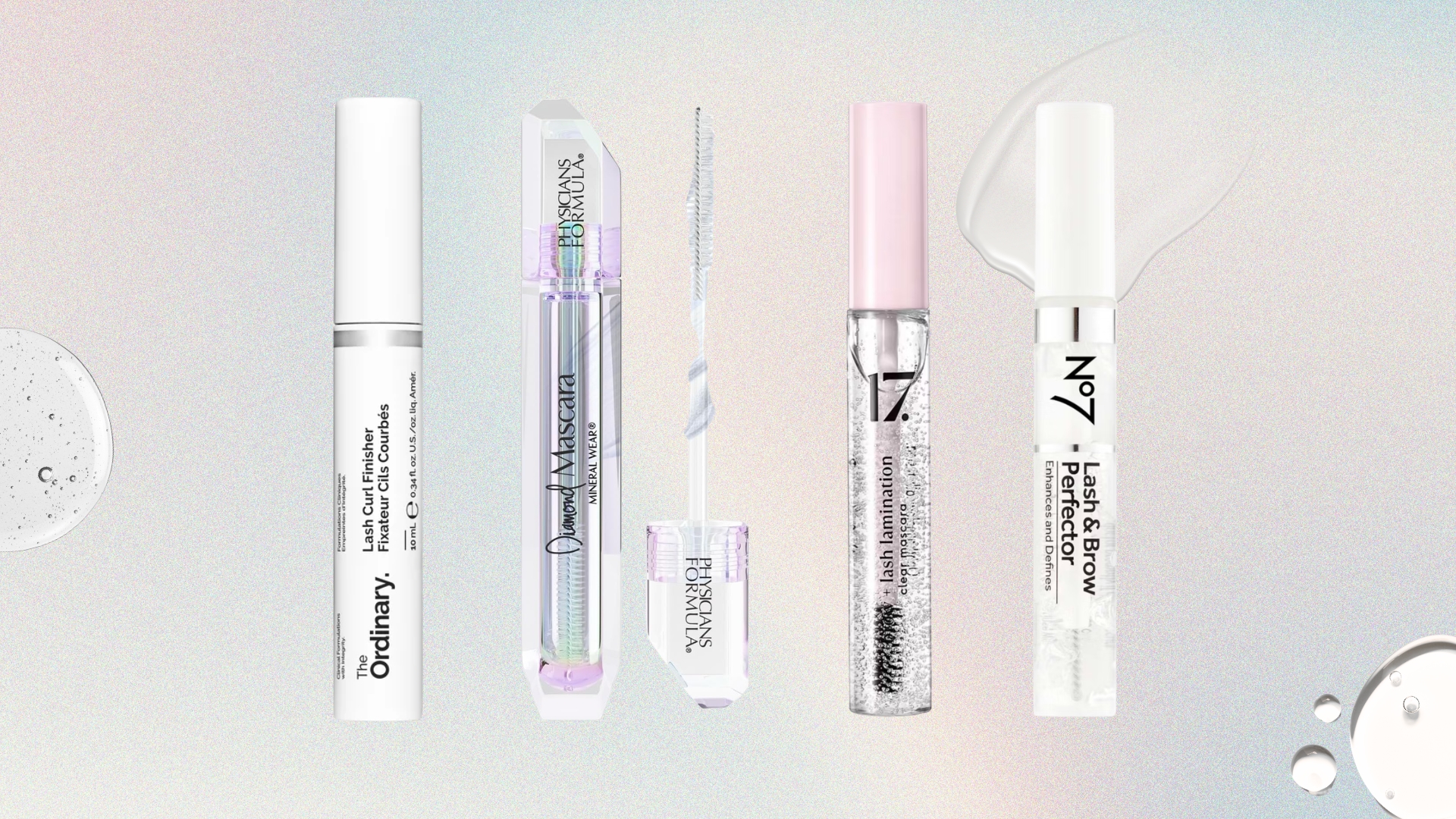 Lineup of the best clear mascaras from (L-R) The Ordinary, Physicians Formula, 17. and No7, on a pastel watercolour background with clear mascara formula swatches