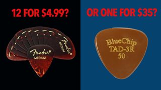 A composite photo showing Fender 341 and Blue Chip guitar picks