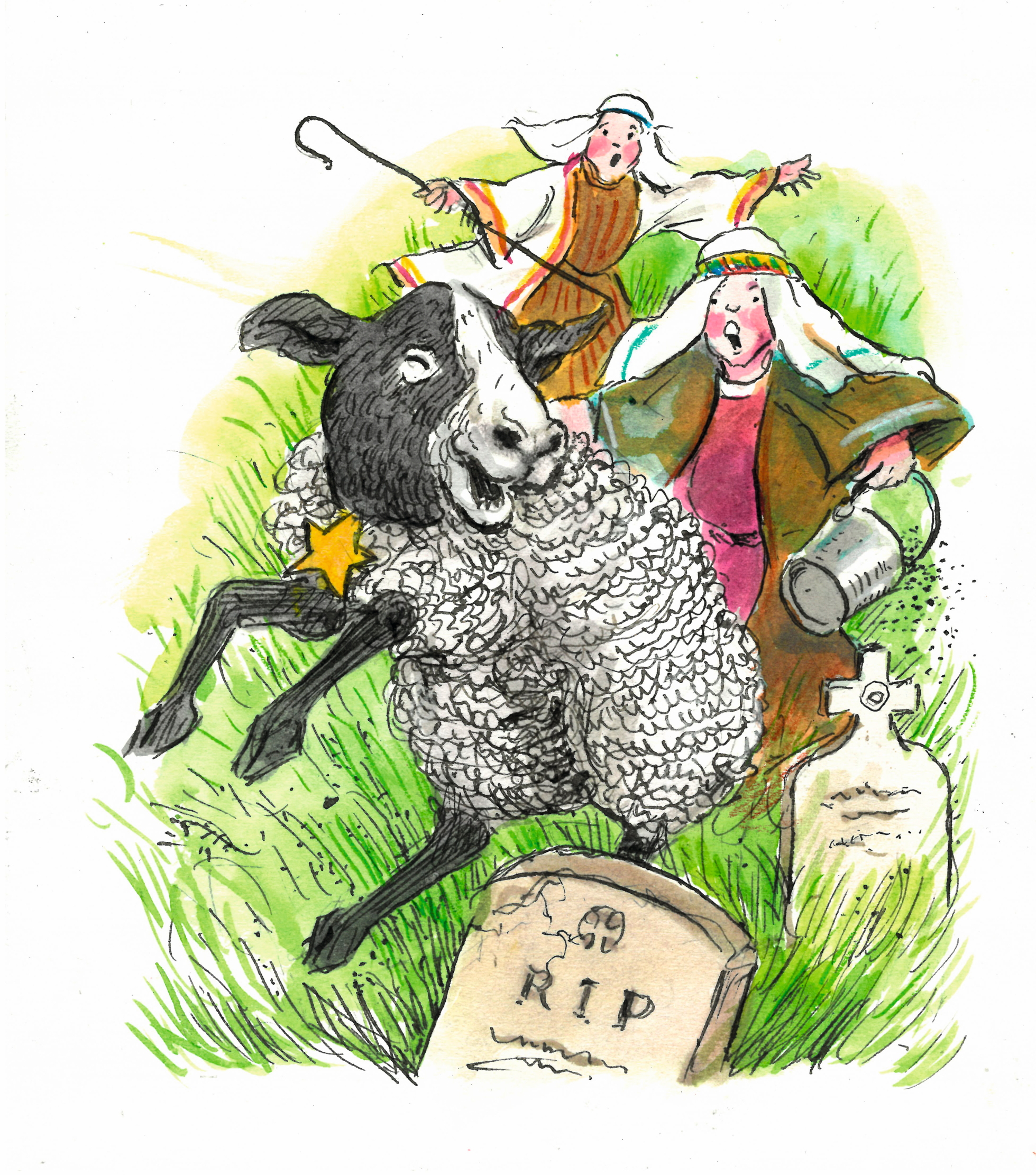 A sheep is chased by two shepherds